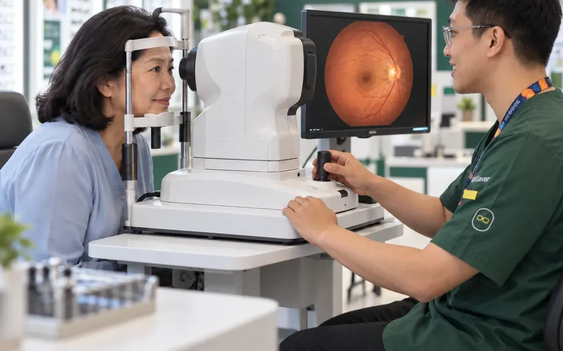 A woman having an eye screening while an optometrist reviews the scan