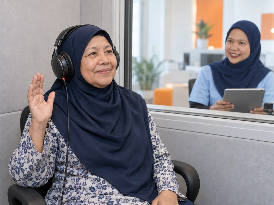 A woman wearing headphones raising her hand during a hearing test